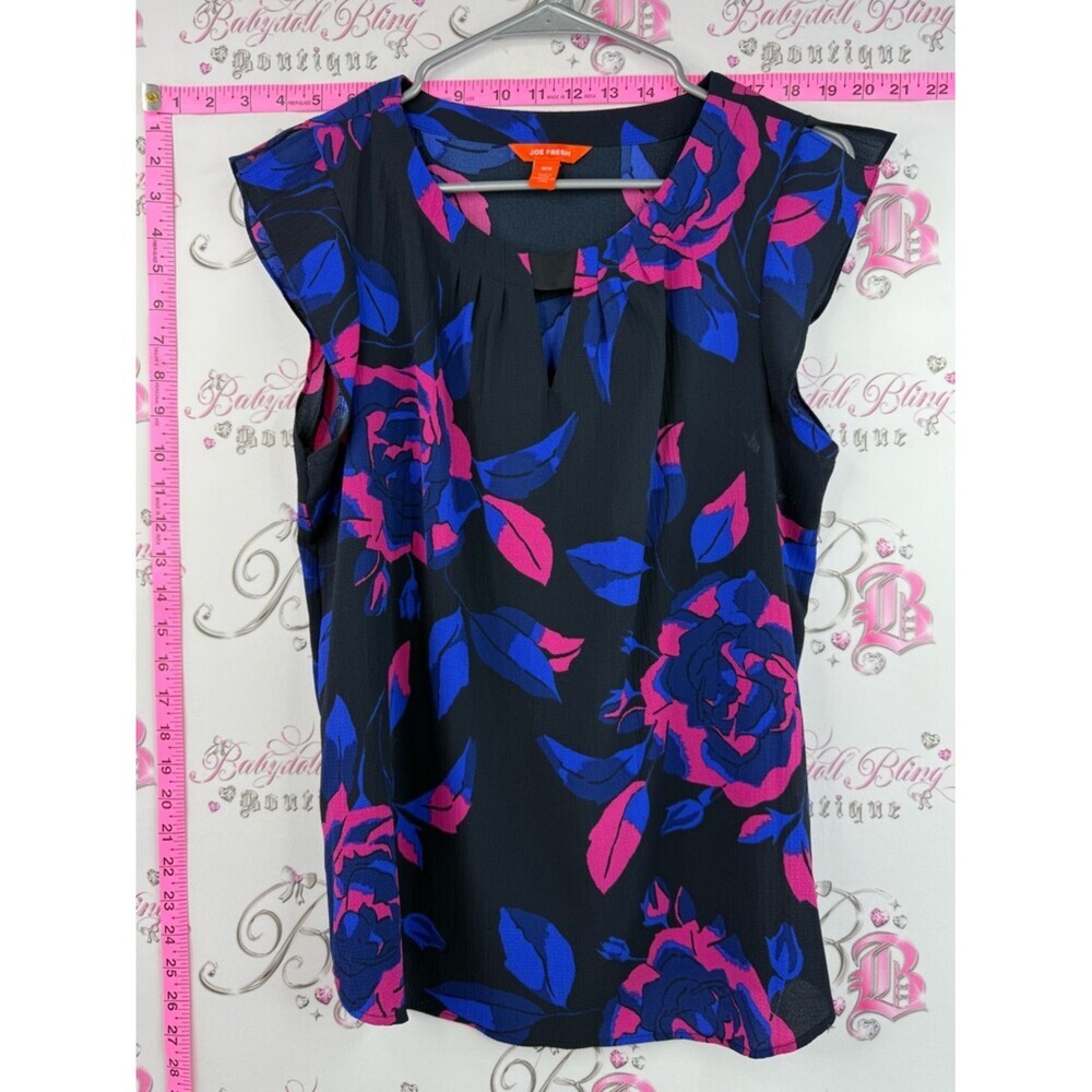 Joe Fresh T-shirt ruffle flowers Black Floral Shell with Blue and Pink Blooms